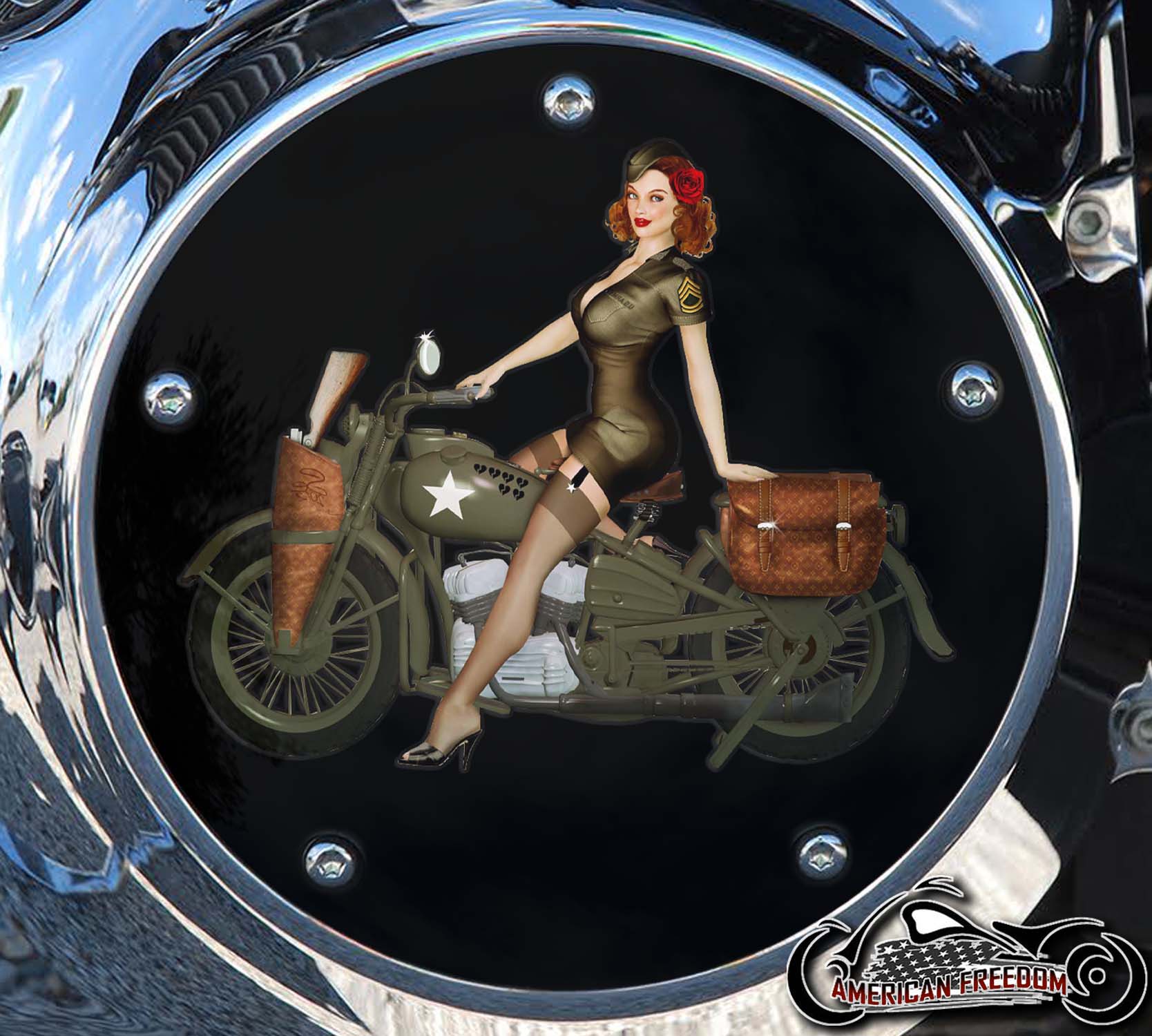 Custom Derby Cover - Pin Up Military Motorcycle